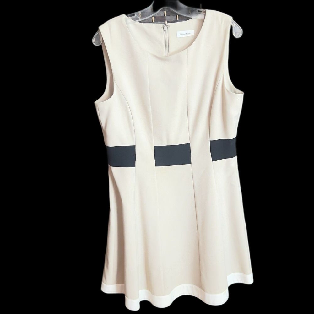 Calvin Klein Color Block Fit And Flare Dress Career Tan Fully Lined Zip Women 12